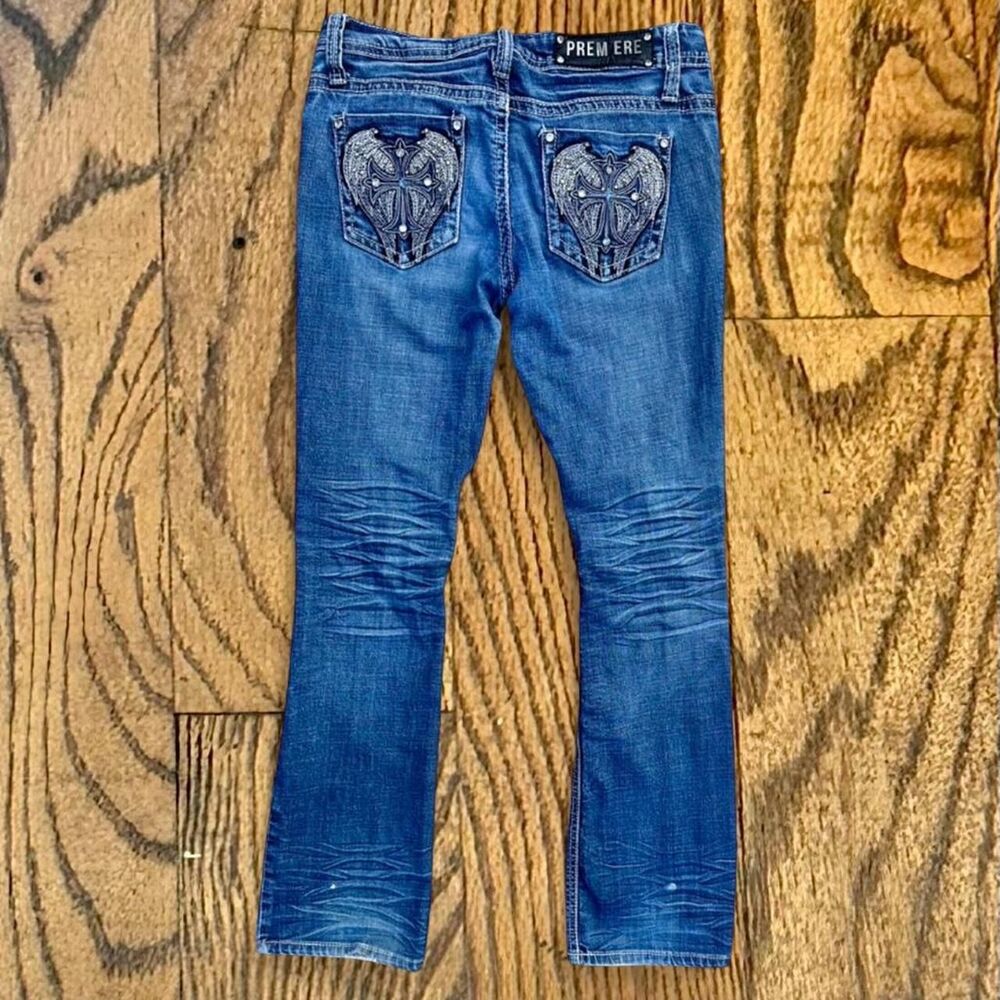 Y2K Premier Rhinestoned Angel Wings / Crosses Embroidered Jeans by Rue 21